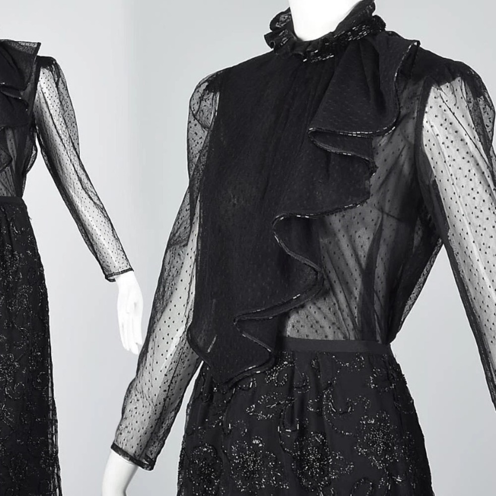 Vintage Giorgio Sant Angelo mesh beaded ruffle top sheer Swiss dot ruffle collar